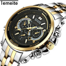 TEMEITE 710G-B Chronograph Wristwatch Men Quartz Watch Luxury Gold Watches Stainless Steel Relogio Masculino